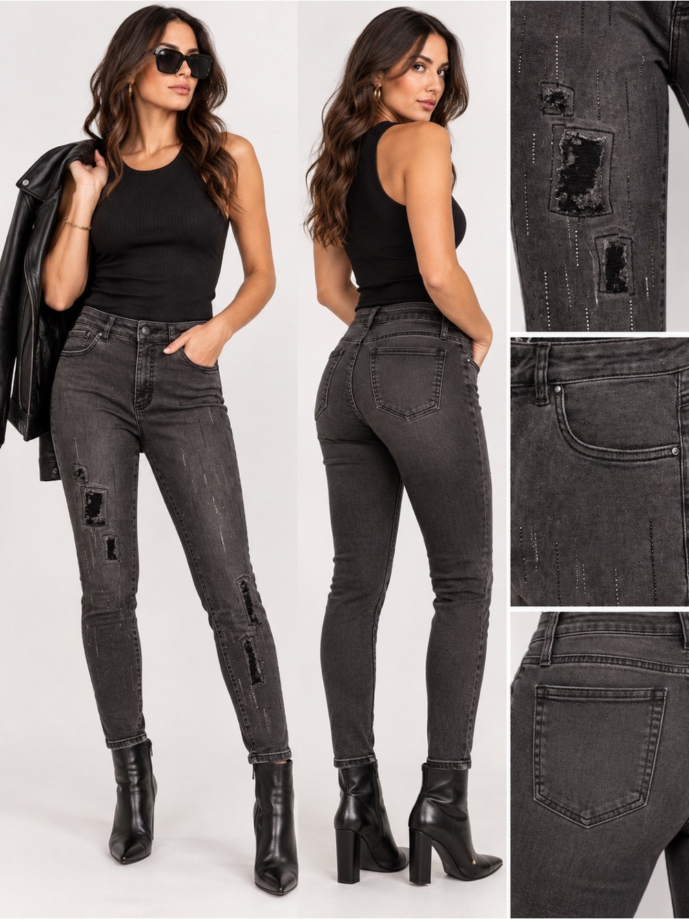 Joseph Ribkoff Embellished Distressed Charcoal Jeans Size 12 NWT